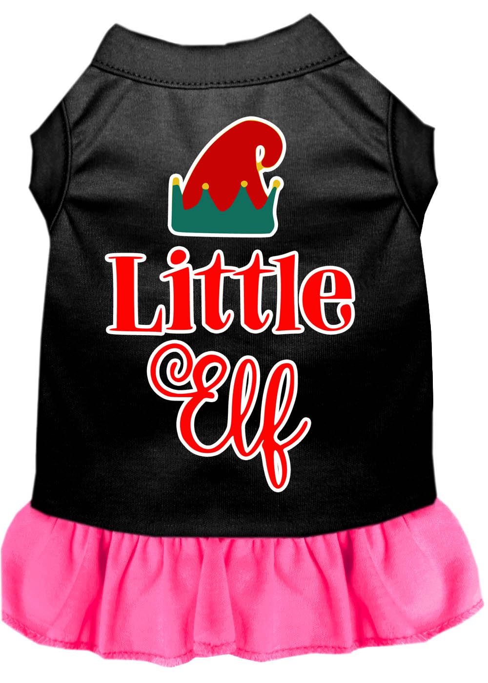 Little Elf Screen Print Dog Dress Black with Bright Pink Lg